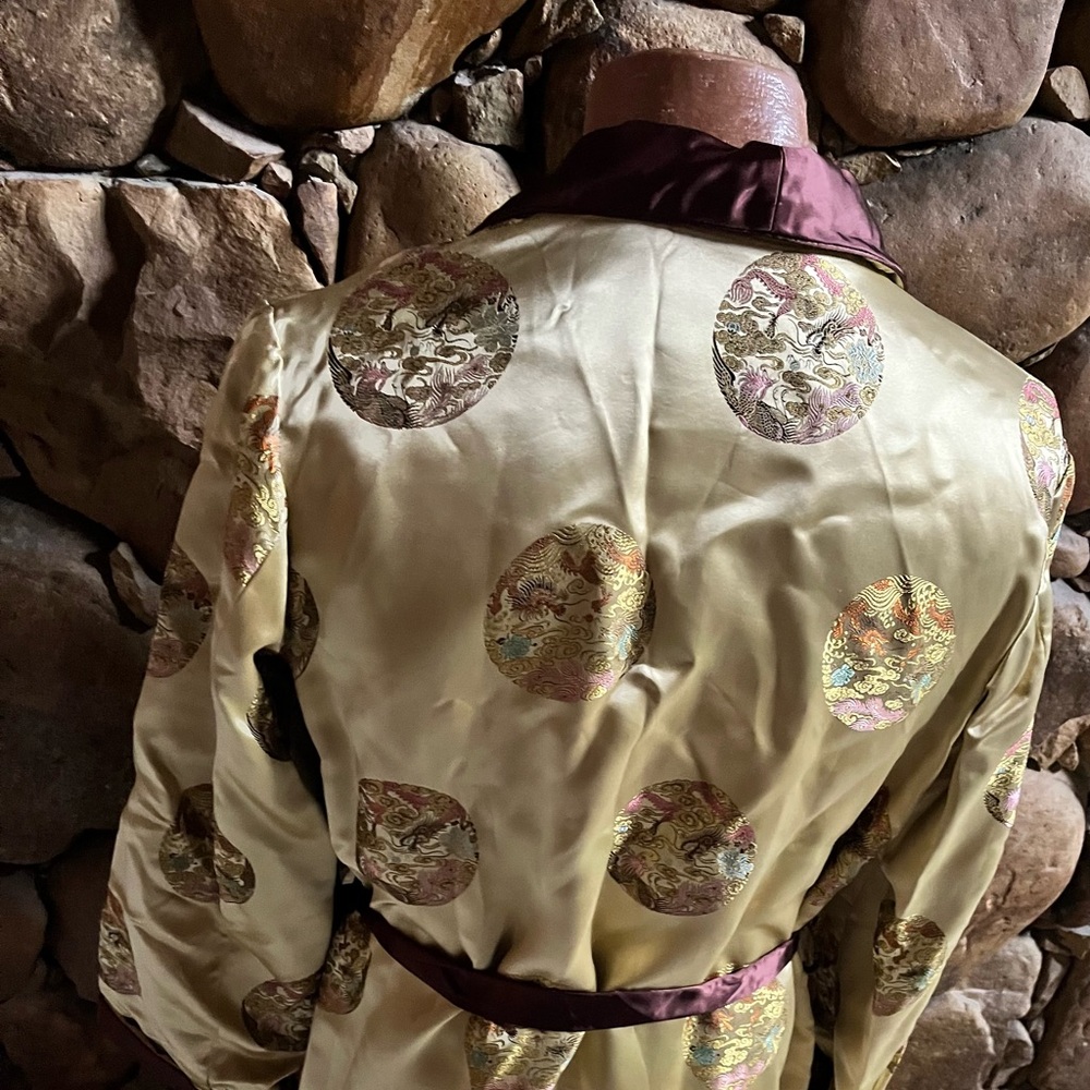 Chinese Vintage Men's Oriental Embroidered Jacquard Robe Smoking Jacket - Picture 6 of 14